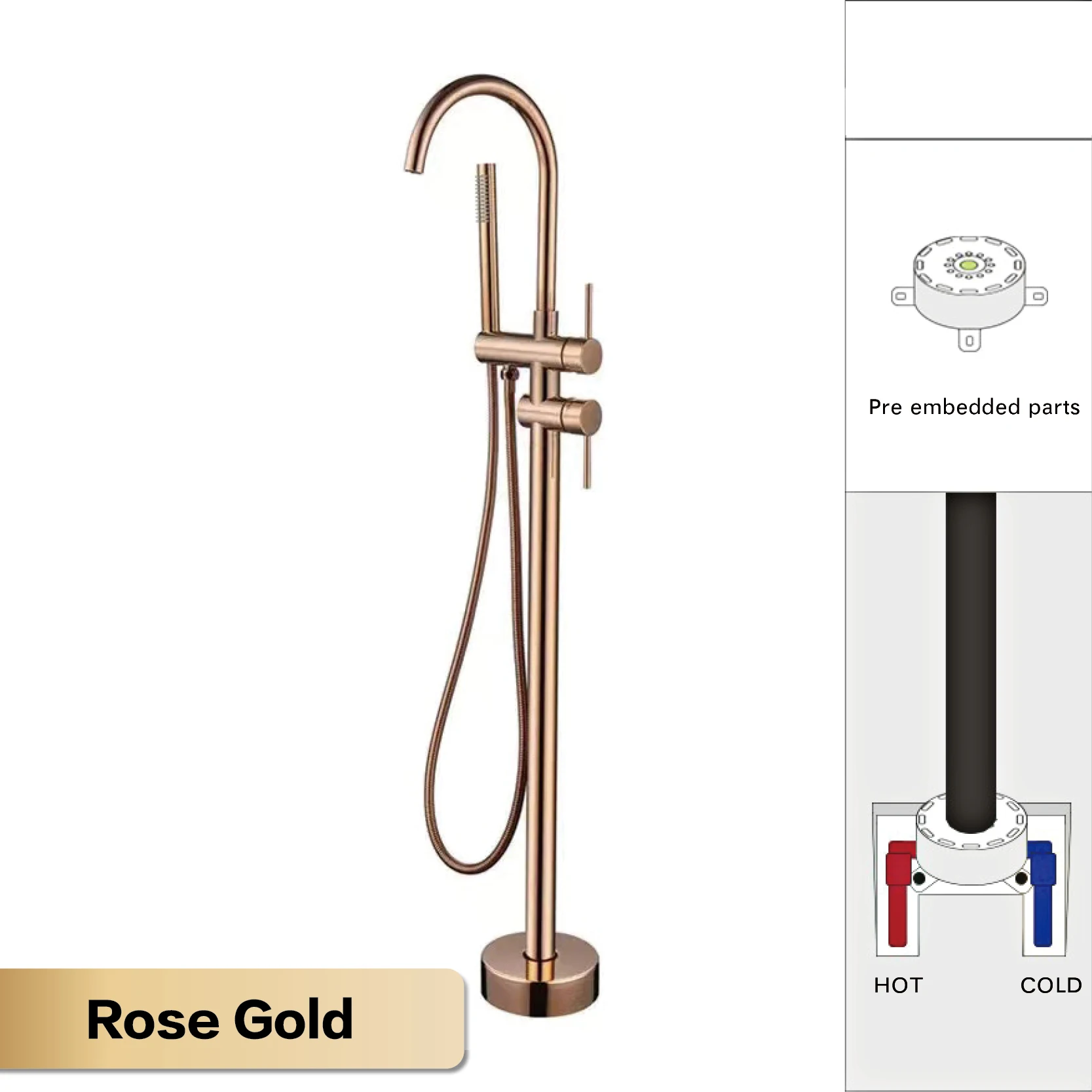 Solid Brass Dual-Handle Floor-Mounted Faucet (With Hand Shower)