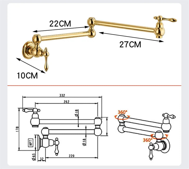 Solid Brass Foldable 360° Swivel Pot Filler Faucet (Wall-Mount)