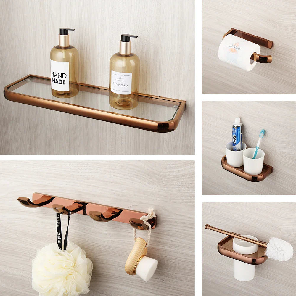 Solid Brass Rose Gold Wall-Mounted Bathroom Hardware Set (5-Piece)