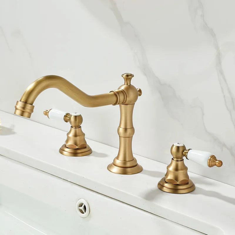 Solid Brass Waterfall Bathroom Faucet (Antique Brass, 3-Hole Widespread)