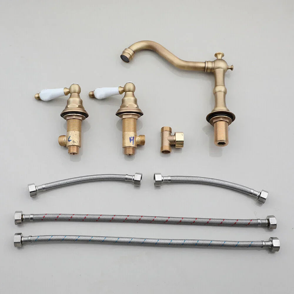 Solid Brass Waterfall Bathroom Faucet (Antique Brass, 3-Hole Widespread)