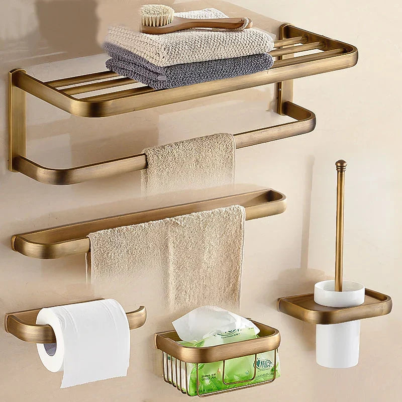 Solid Copper-Based Brushed Antique Brass Bathroom Hardware Set (5-Piece Wall-Mounted)