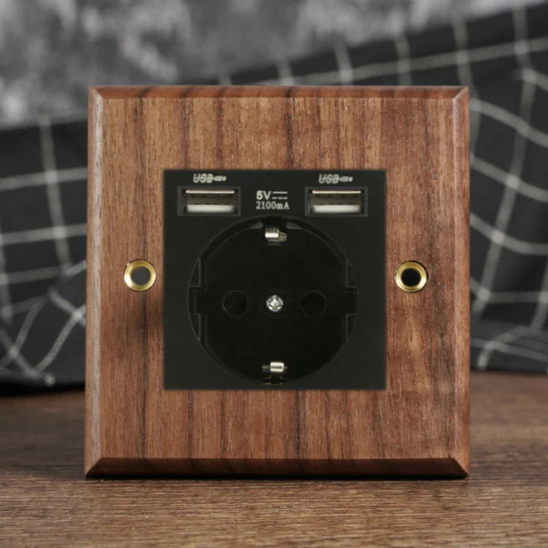 Solid Walnut & Knurled Brass Toggle Wall Switch (Optional USB)