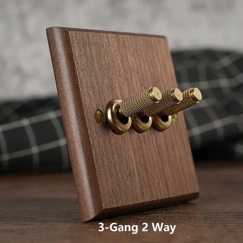 Solid Walnut & Knurled Brass Toggle Wall Switch (Optional USB)