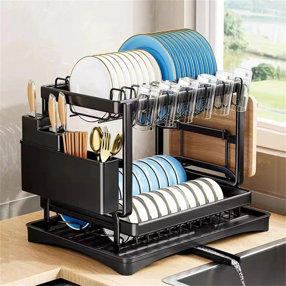 Space-Saving 2-Tier Auto-Drain Dish Rack