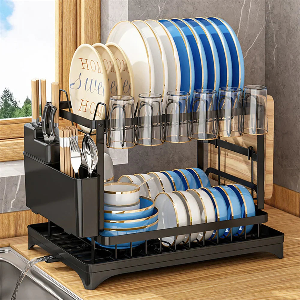 Space-Saving 2-Tier Auto-Drain Dish Rack