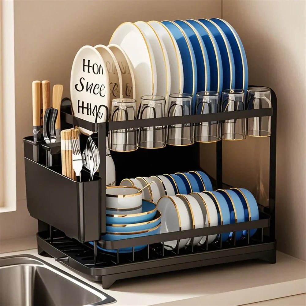 Space-Saving 2-Tier Auto-Drain Dish Rack