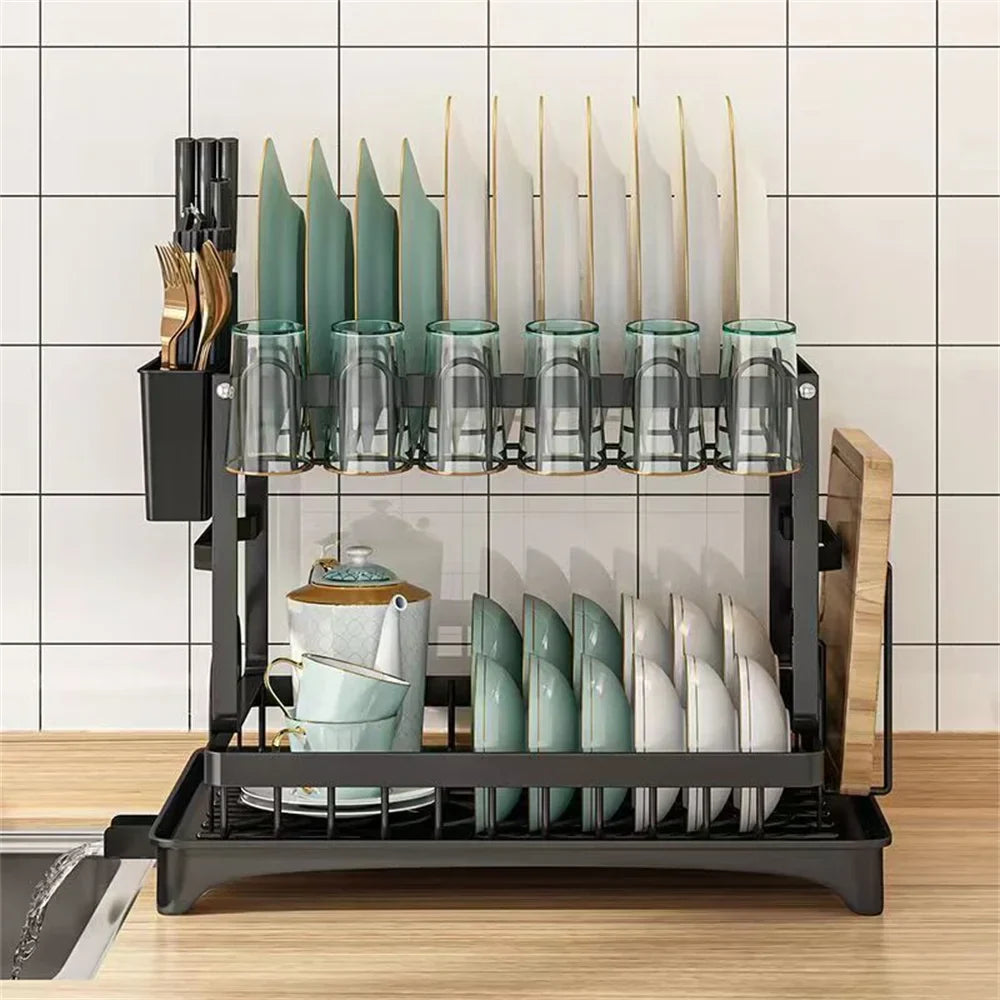Space-Saving 2-Tier Auto-Drain Dish Rack