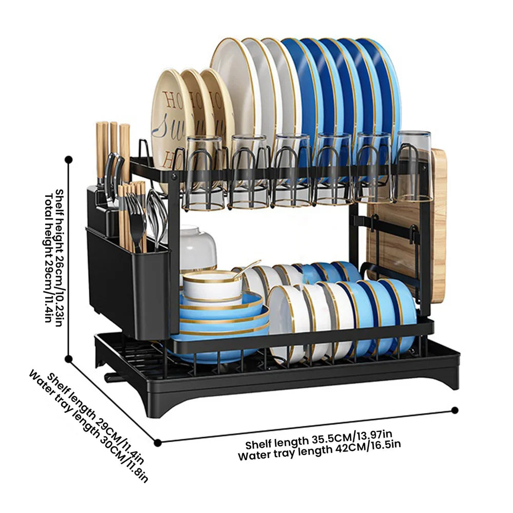 Space-Saving 2-Tier Auto-Drain Dish Rack