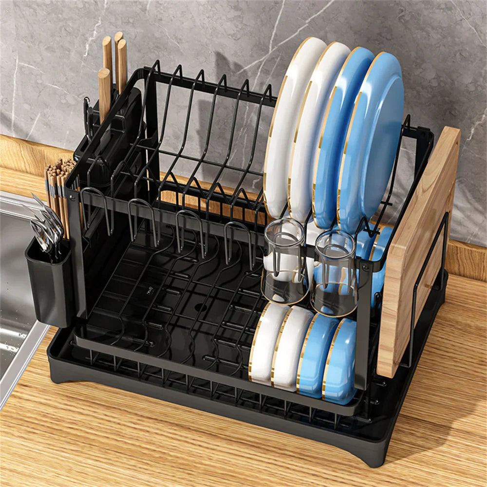Space-Saving 2-Tier Auto-Drain Dish Rack