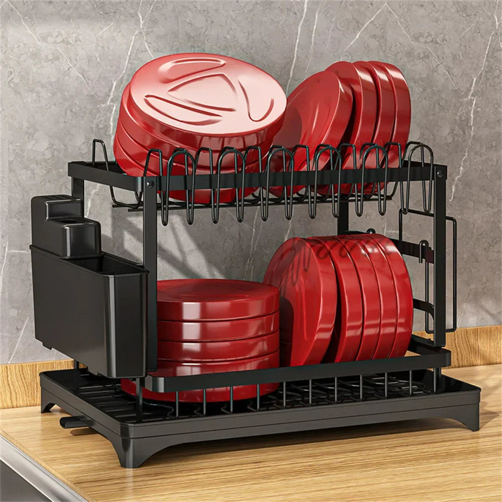 Space-Saving 2-Tier Auto-Drain Dish Rack