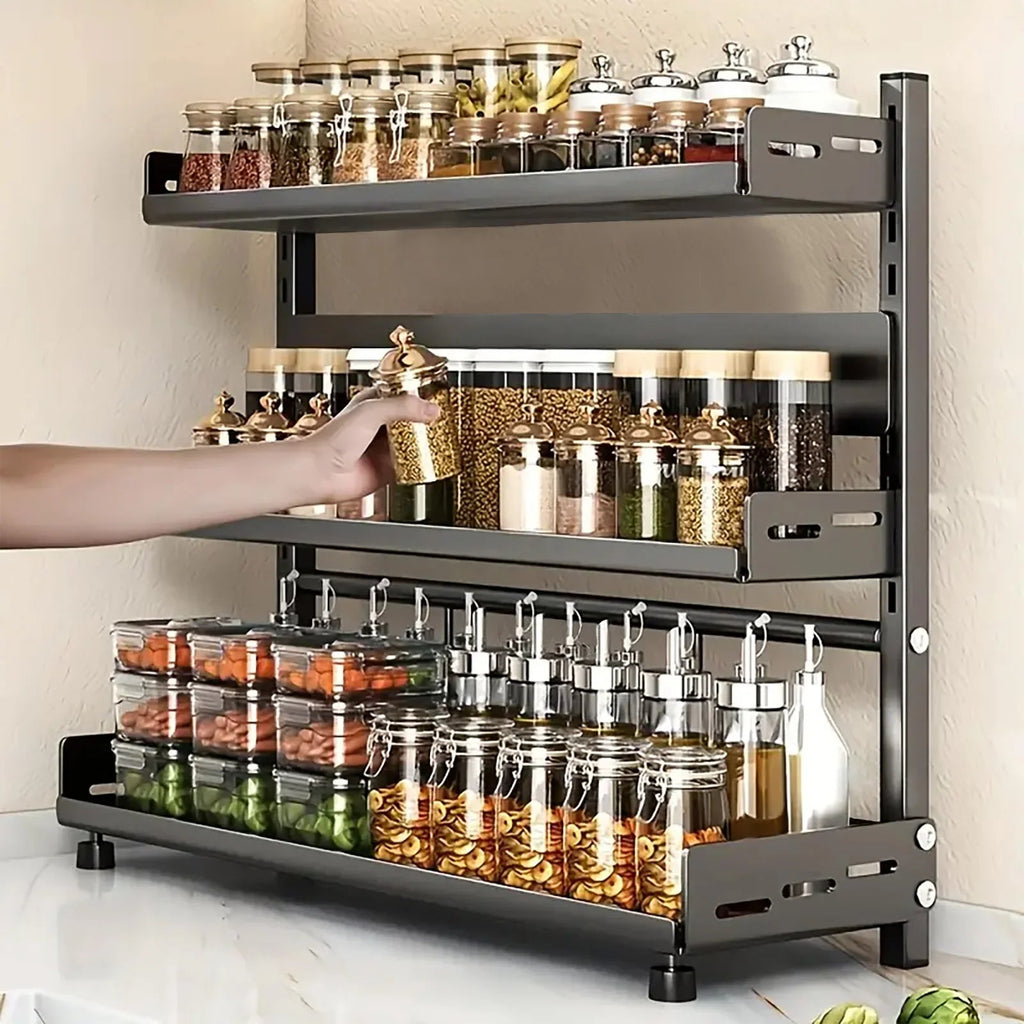 Space-Saving 3-Tier Black Stainless Steel Spice Rack