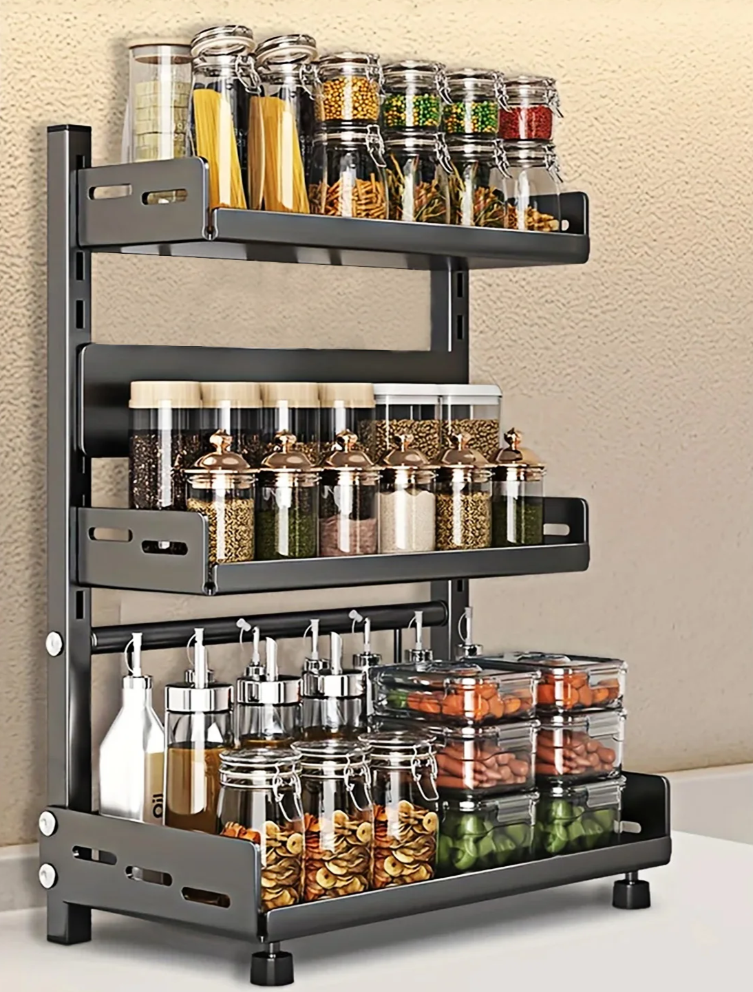 Space-Saving 3-Tier Black Stainless Steel Spice Rack
