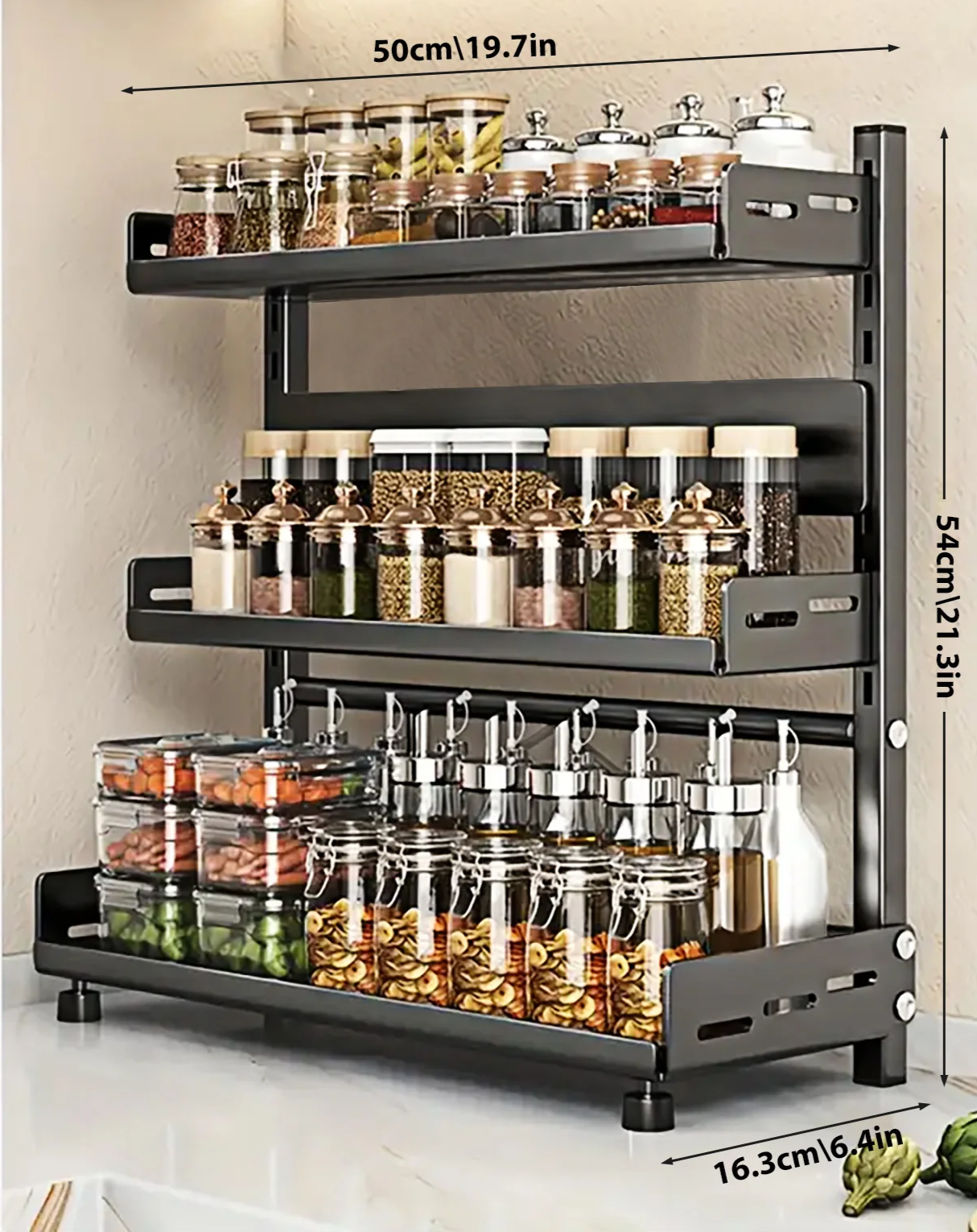 Space-Saving 3-Tier Black Stainless Steel Spice Rack