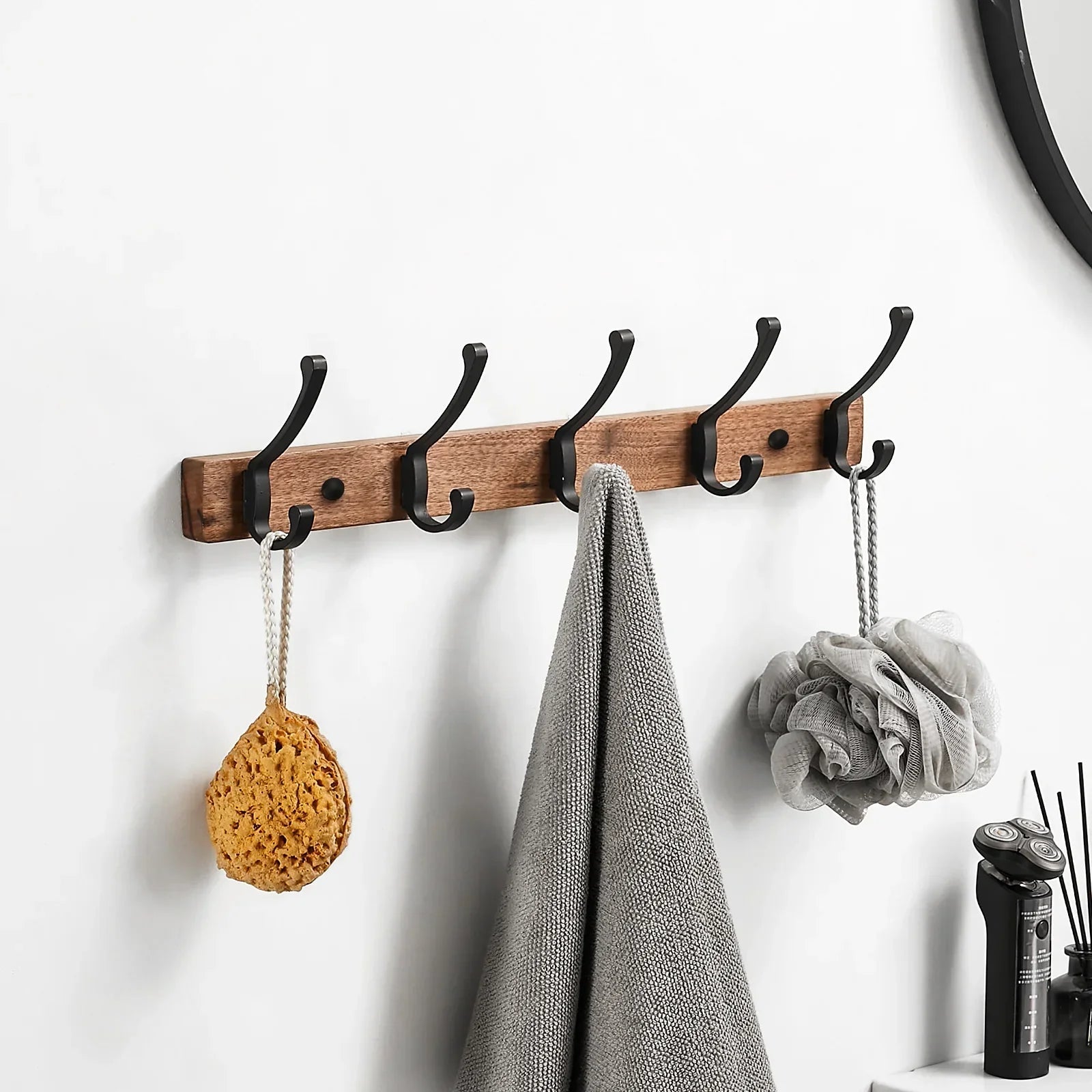 Space-Saving Black Wood 5-Hook Wall Rack (Nail Mount)