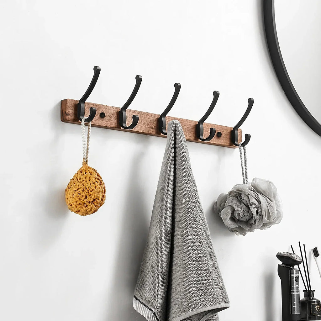 Space-Saving Black Wood 5-Hook Wall Rack (Nail Mount)