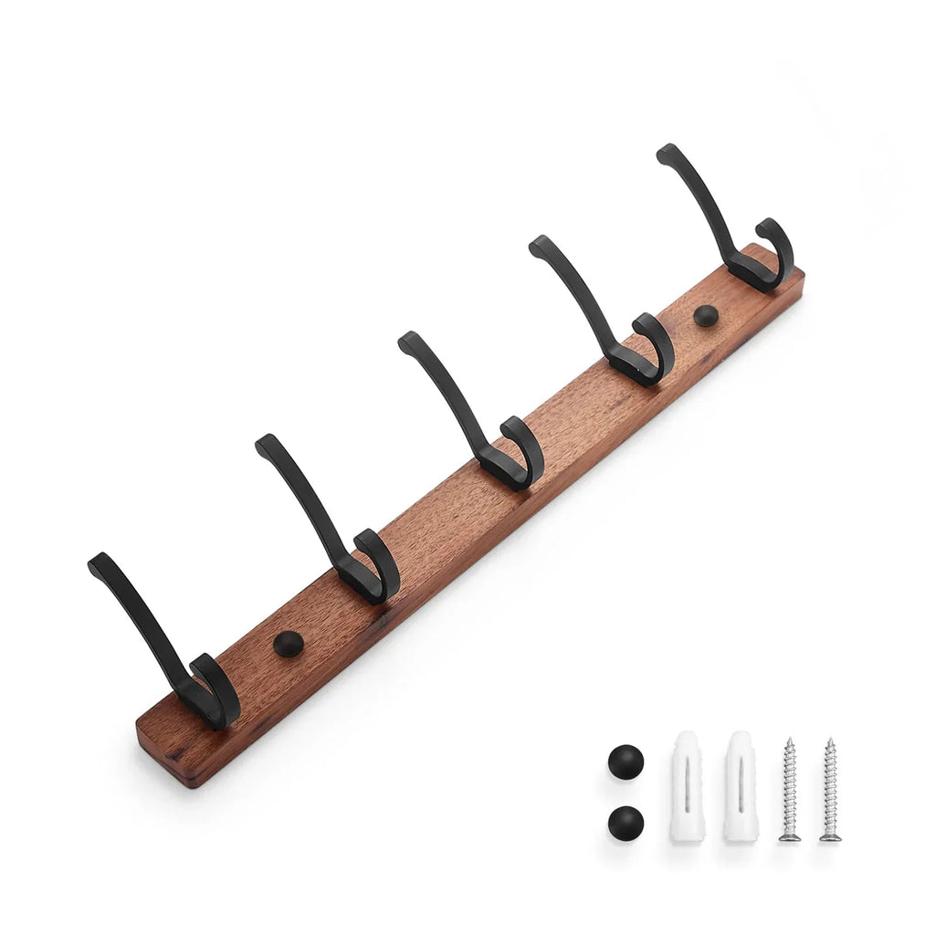 Space-Saving Black Wood 5-Hook Wall Rack (Nail Mount)