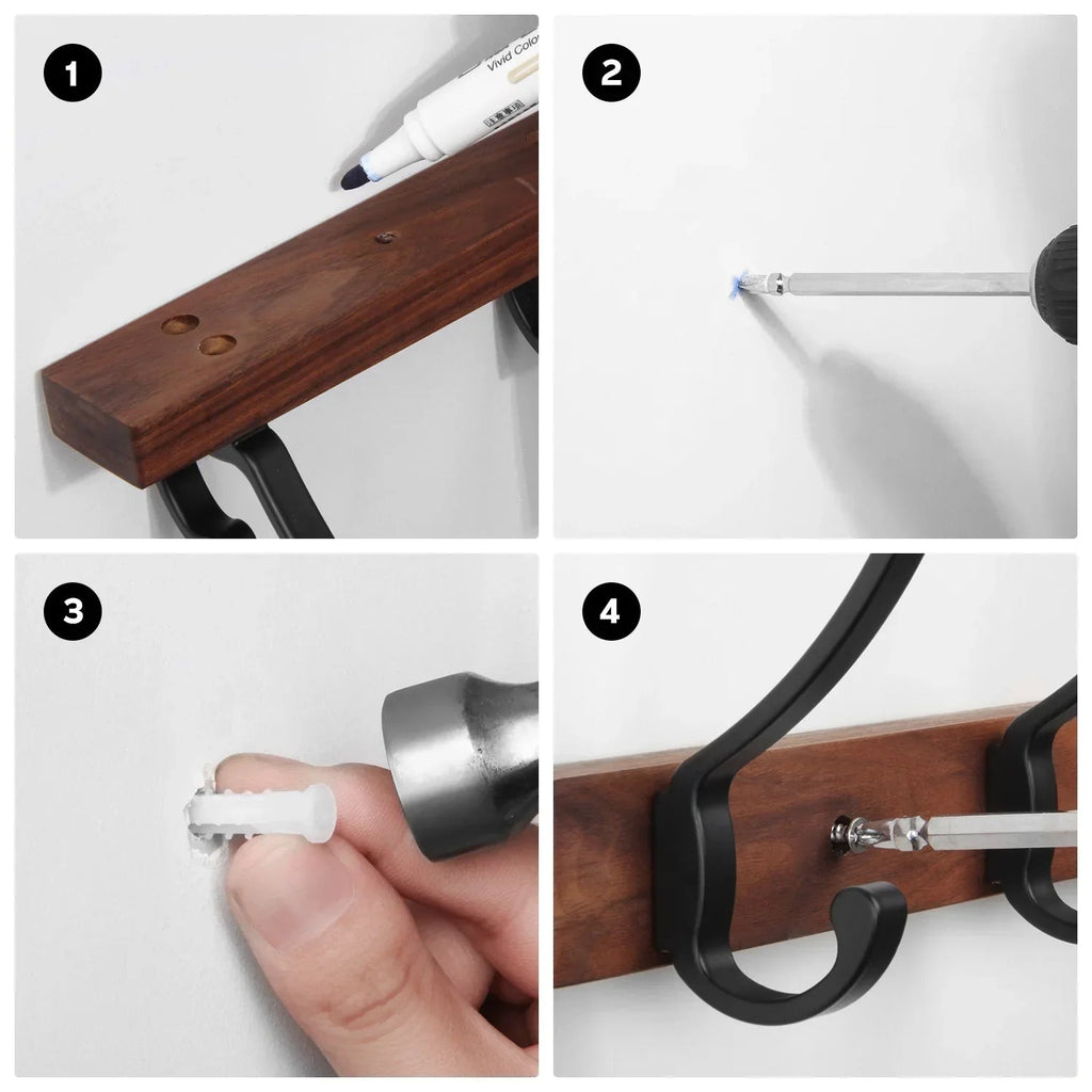 Space-Saving Black Wood 5-Hook Wall Rack (Nail Mount)