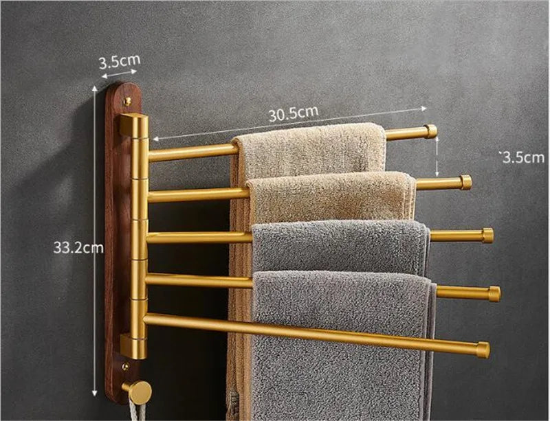 Space-Saving Foldable Brushed Gold Wood Towel Holder (Wall-Mounted)