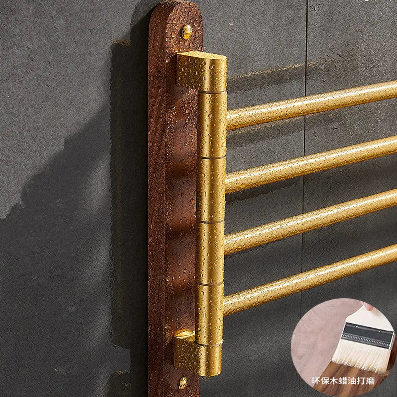 Space-Saving Foldable Brushed Gold Wood Towel Holder (Wall-Mounted)