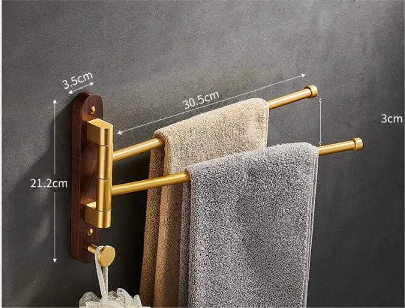 Space-Saving Foldable Brushed Gold Wood Towel Holder (Wall-Mounted)