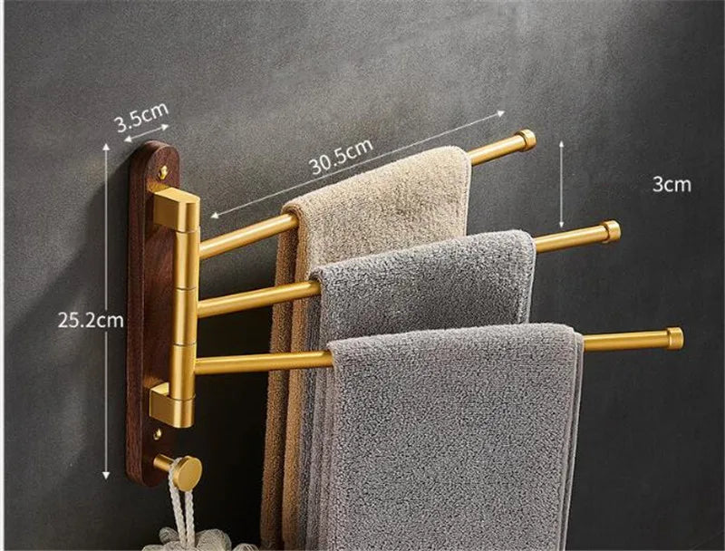 Space-Saving Foldable Brushed Gold Wood Towel Holder (Wall-Mounted)