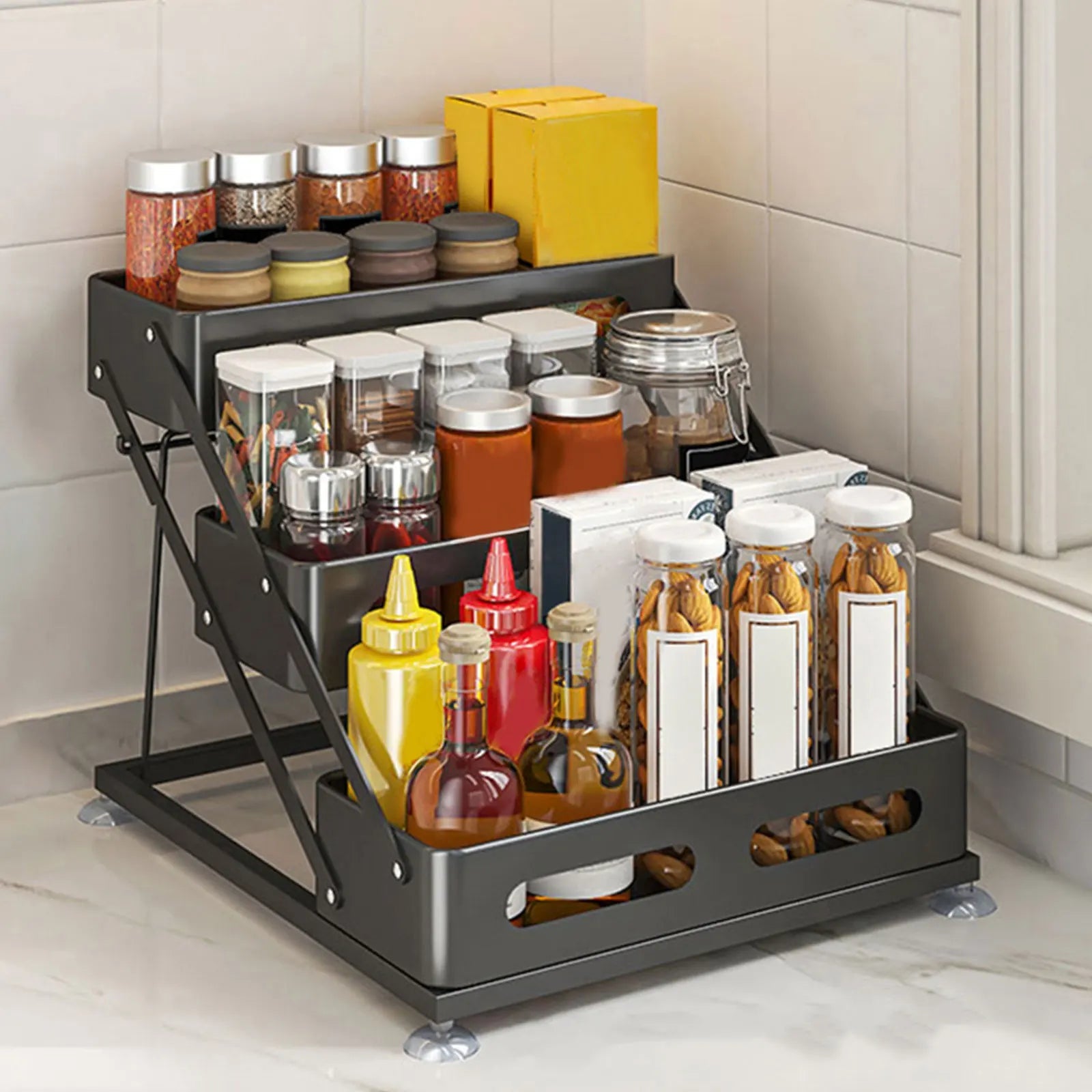 Space-Saving Foldable Powder-Coated Spice Rack (3-Tier)
