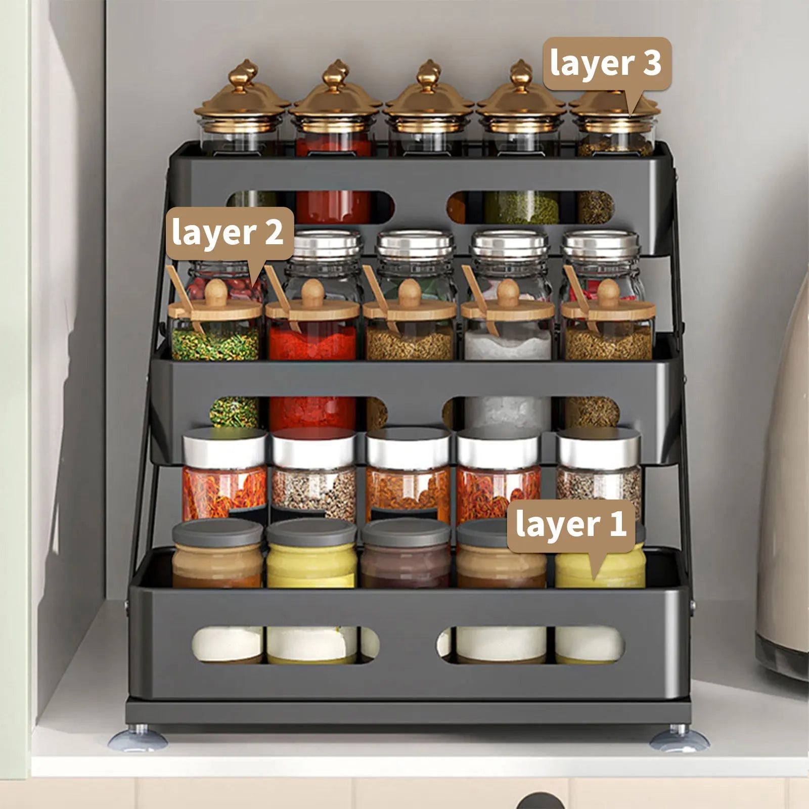 Space-Saving Foldable Powder-Coated Spice Rack (3-Tier)