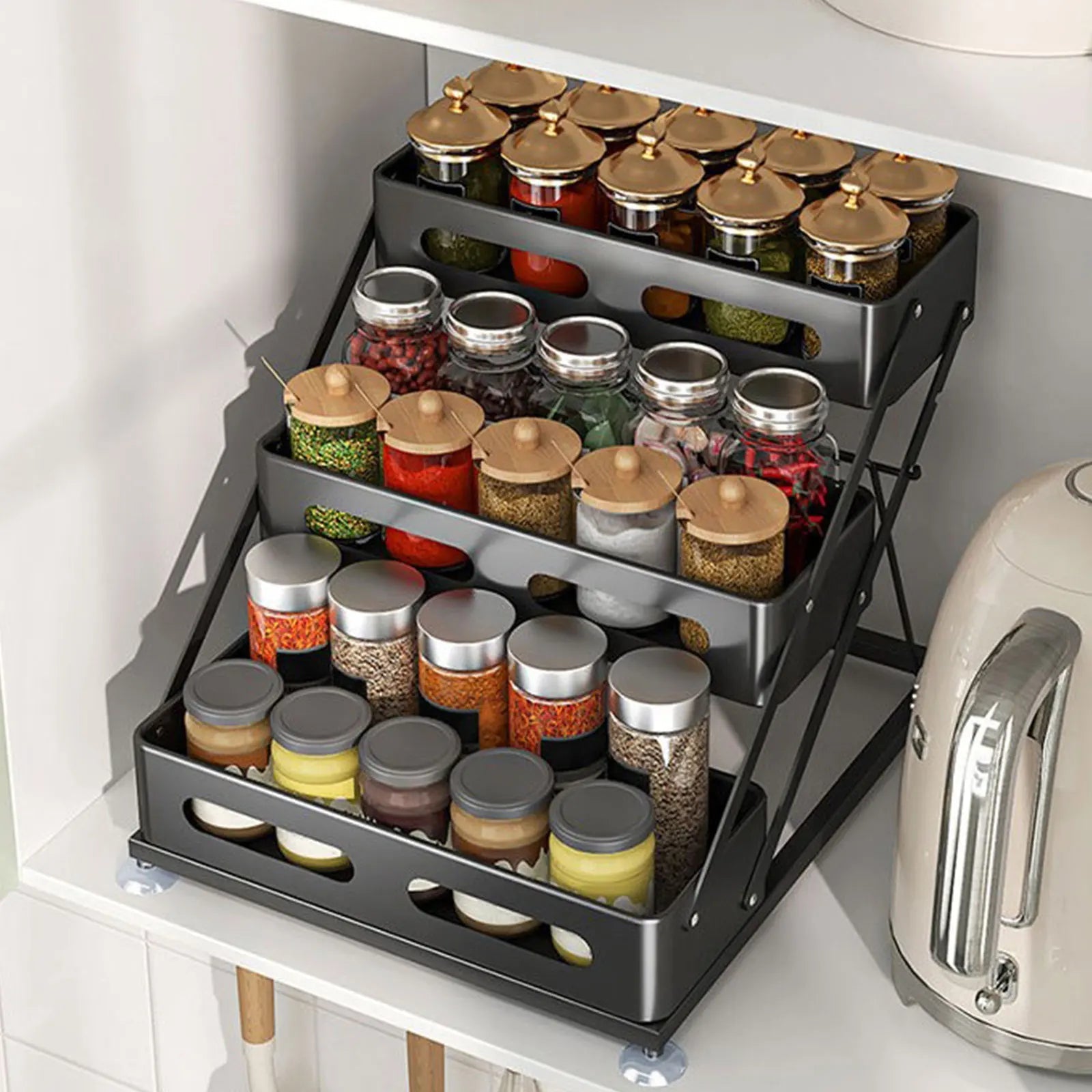 Space-Saving Foldable Powder-Coated Spice Rack (3-Tier)
