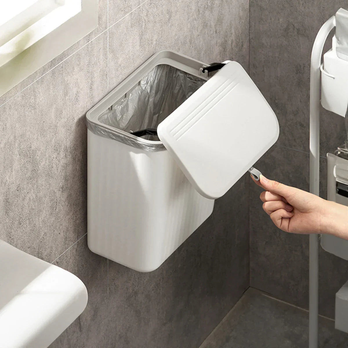 Space-Saving Press-Lid Wall-Mounted Trash Can (With Paper Holder)