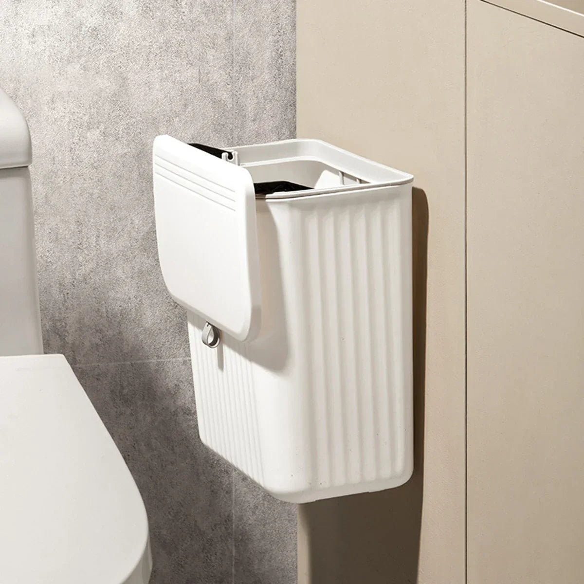 Space-Saving Press-Lid Wall-Mounted Trash Can (With Paper Holder)