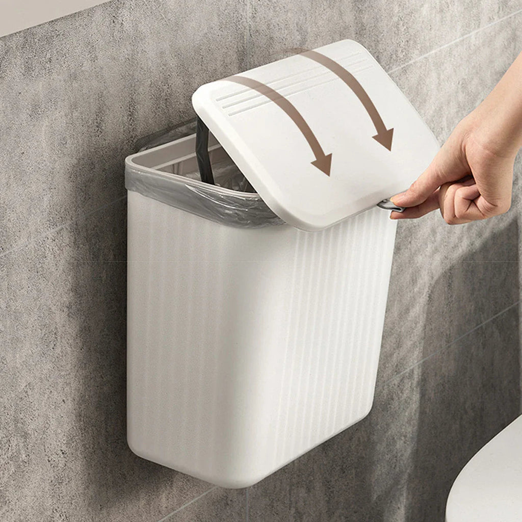 Space-Saving Press-Lid Wall-Mounted Trash Can (With Paper Holder)