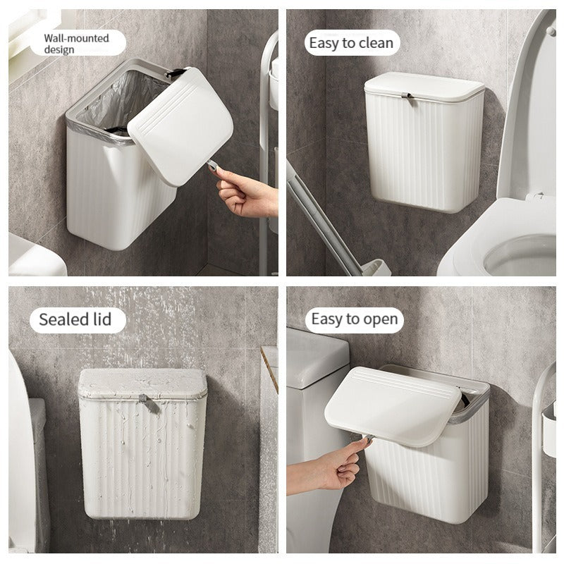 Space-Saving Press-Lid Wall-Mounted Trash Can (With Paper Holder)