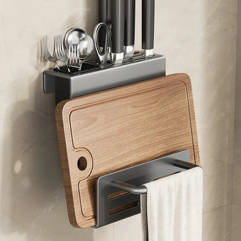 Space-Saving Wall-Mounted Stainless Steel Knife Holder (Integrated Cutting Board Rack)