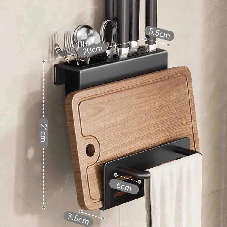 Space-Saving Wall-Mounted Stainless Steel Knife Holder (Integrated Cutting Board Rack)