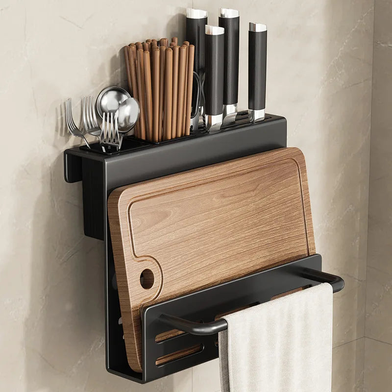 Space-Saving Wall-Mounted Stainless Steel Knife Holder (Integrated Cutting Board Rack)