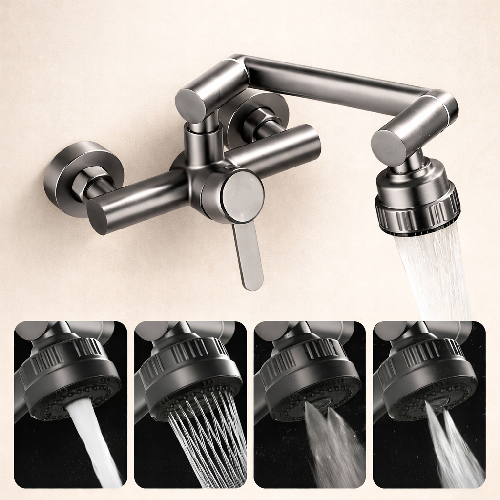 Stainless Steel 360° Swivel 4-Spray Kitchen Faucet (Wall-Mount)