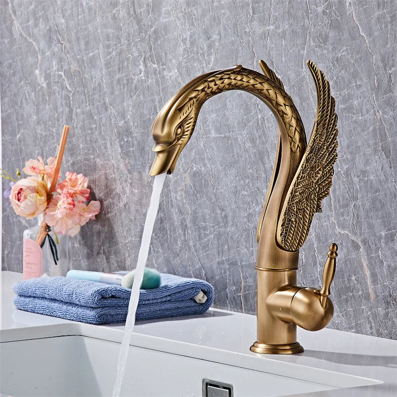 Swan-Shaped Waterfall Brass Bathroom Sink Faucet