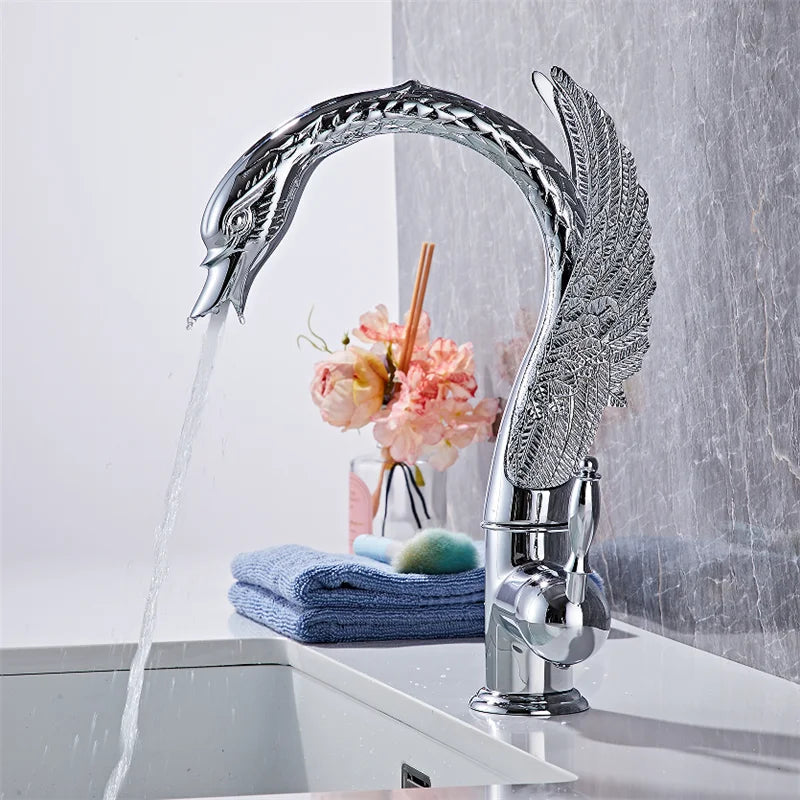 Swan-Shaped Waterfall Brass Bathroom Sink Faucet