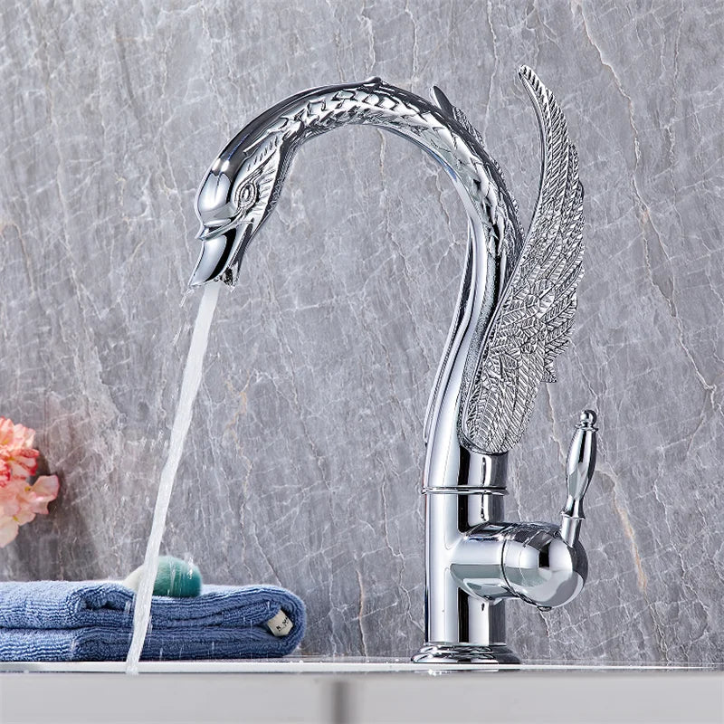 Swan-Shaped Waterfall Brass Bathroom Sink Faucet
