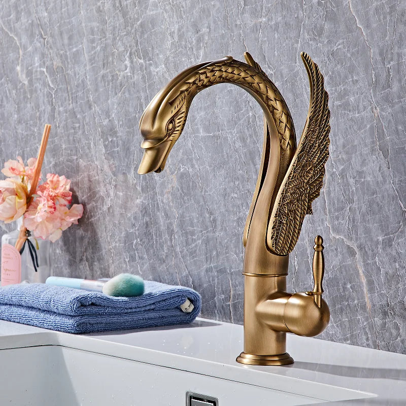 Swan-Shaped Waterfall Brass Bathroom Sink Faucet