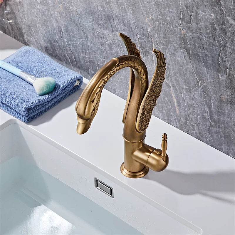 Swan-Shaped Waterfall Brass Bathroom Sink Faucet