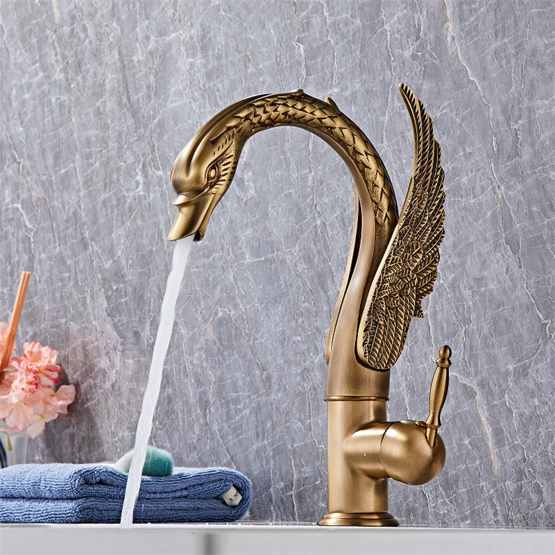 Swan-Shaped Waterfall Brass Bathroom Sink Faucet