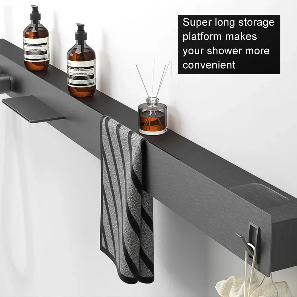 Thermostatic Stainless Steel Wall-Mount Rainfall Shower System (59-Inch Shelf & Towel Bar)