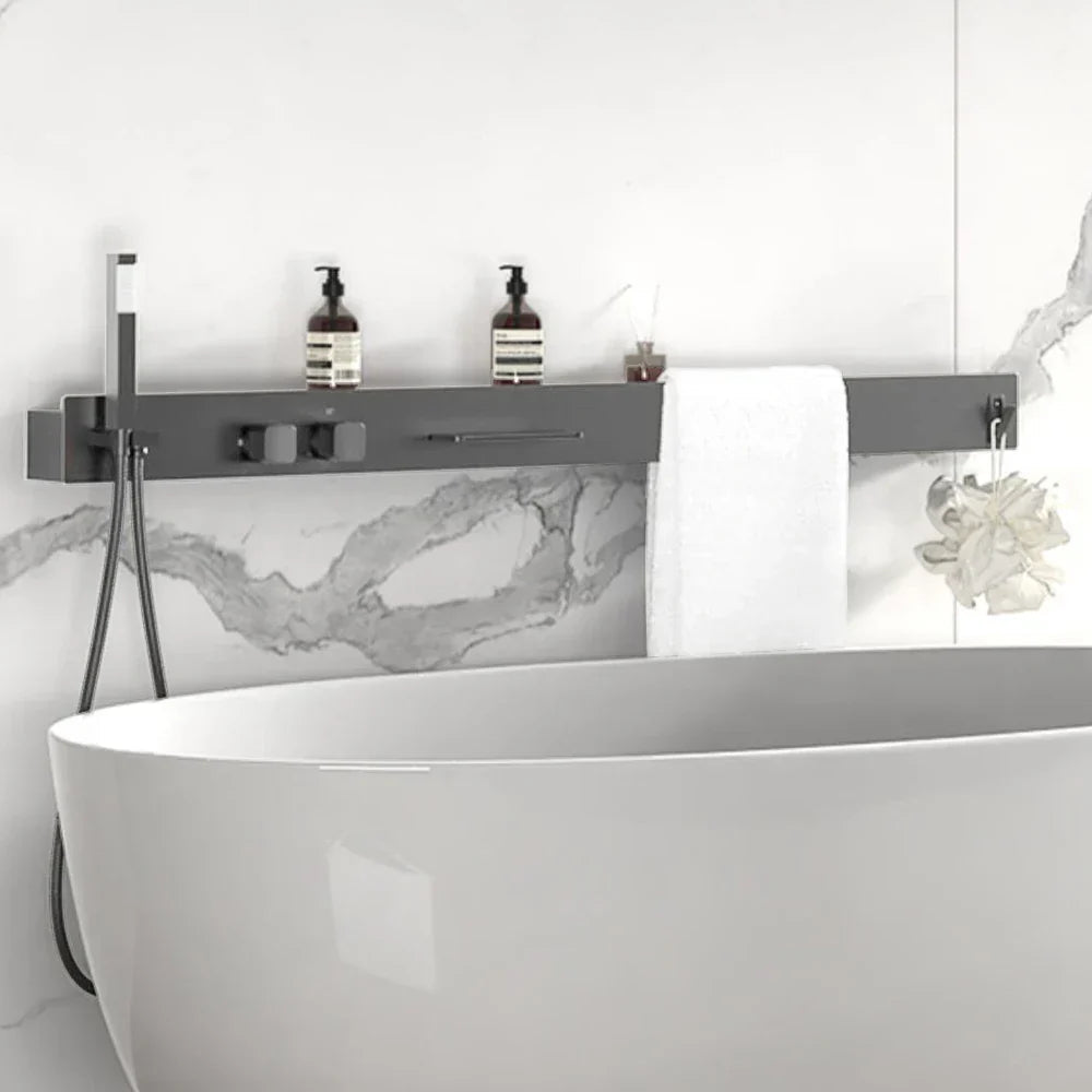 Thermostatic Stainless Steel Wall-Mount Rainfall Shower System (59-Inch Shelf & Towel Bar)