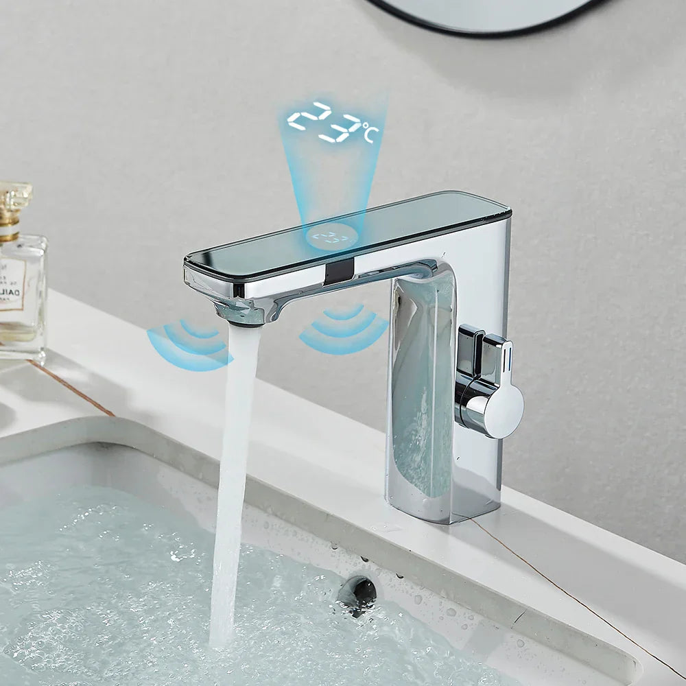 Touchless LED Temperature Bathroom Faucet (Single-Hole)