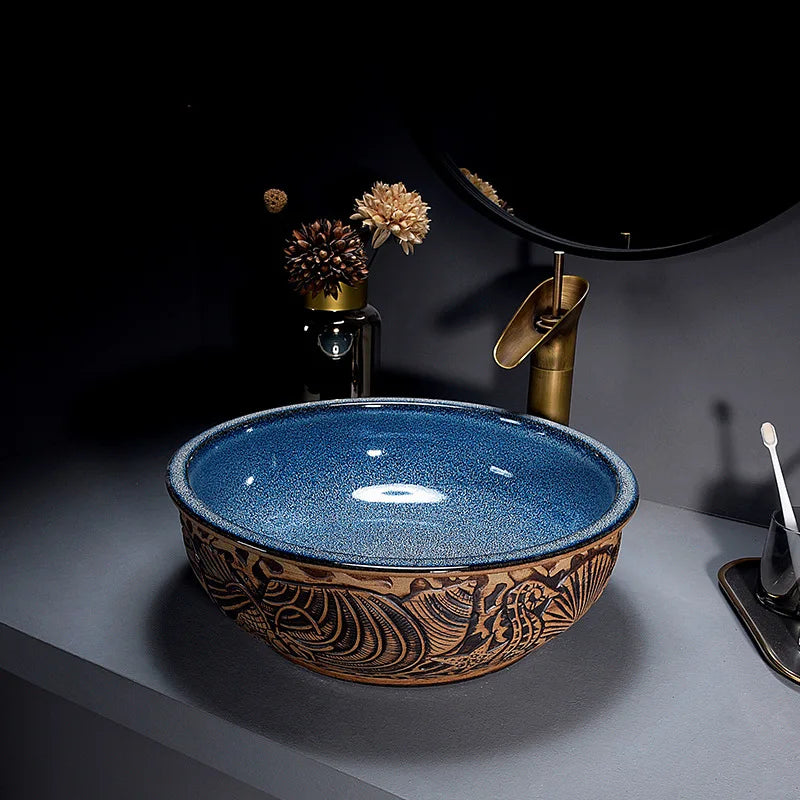 Triple-Glazed Hand-Painted Marble Vessel Sink (With Waterfall Faucet & Pop-Up Drain)