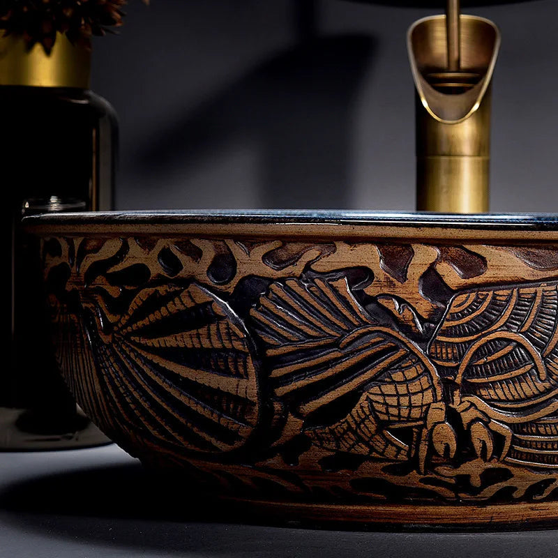 Triple-Glazed Hand-Painted Marble Vessel Sink (With Waterfall Faucet & Pop-Up Drain)