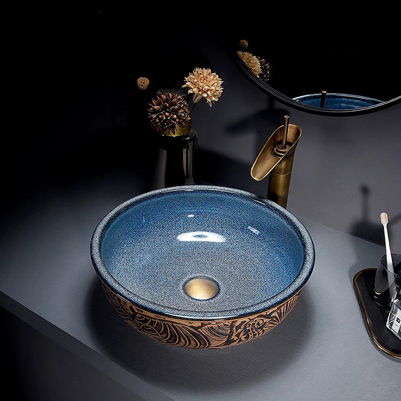 Triple-Glazed Hand-Painted Marble Vessel Sink (With Waterfall Faucet & Pop-Up Drain)