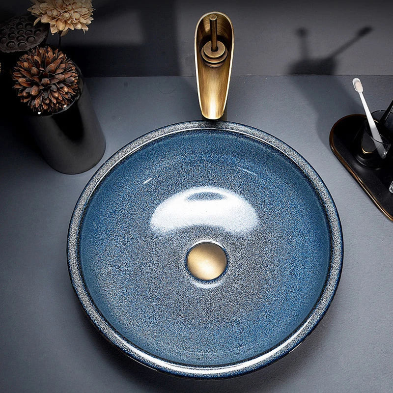 Triple-Glazed Hand-Painted Marble Vessel Sink (With Waterfall Faucet & Pop-Up Drain)